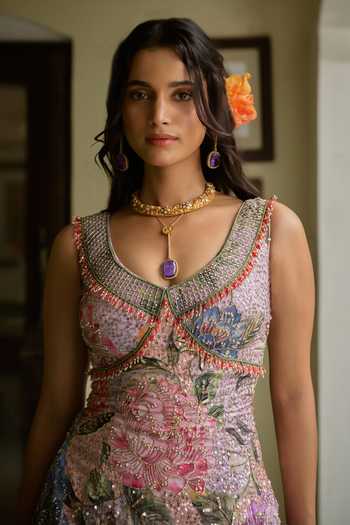 Irrau By Samir Mantri Purple Organza Scoop Neck Gungun Printed Kurta Sharara Set at Aza Fashions Irrau By Samir Mantri_Purple Organza Scoop Neck Gungun Printed Kurta Sharara Set _at_Aza_Fashions