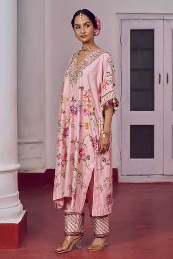 Irrau By Samir Mantri_Pink Chanderi Silk V-neck Phulki Kaftan Choga And Pant Set _Online_at_Aza_Fashions