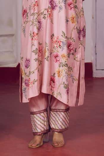 Buy_Irrau By Samir Mantri_Pink Chanderi Silk V-neck Phulki Kaftan Choga And Pant Set _Online_at_Aza_Fashions