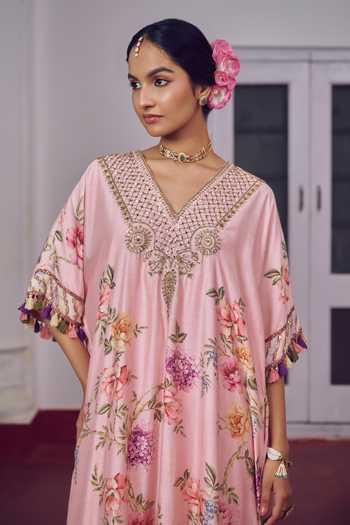 Shop_Irrau By Samir Mantri_Pink Chanderi Silk V-neck Phulki Kaftan Choga And Pant Set _Online_at_Aza_Fashions