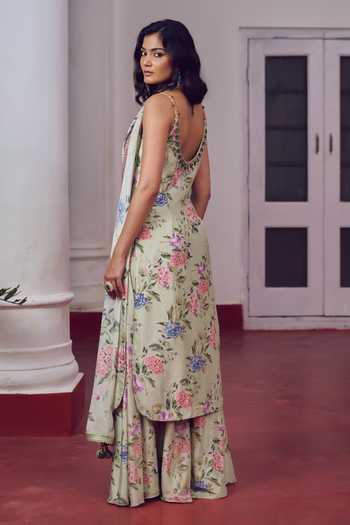 Irrau By Samir Mantri_Green , Silk, Chiffon Scoop Neck Gippi Floral Print Sharara Set _Online_at_Aza_Fashions