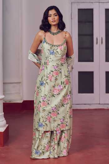 Buy_Irrau By Samir Mantri_Green , Silk, Chiffon Scoop Neck Gippi Floral Print Sharara Set _Online_at_Aza_Fashions