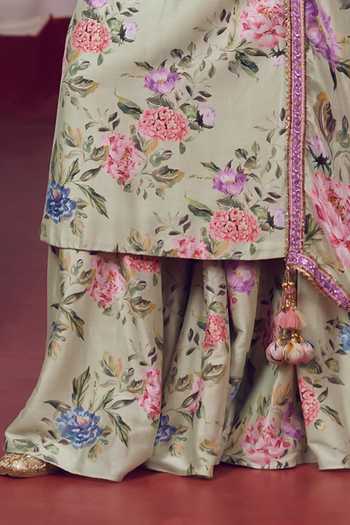 Shop_Irrau By Samir Mantri_Green , Silk, Chiffon Scoop Neck Gippi Floral Print Sharara Set _Online_at_Aza_Fashions