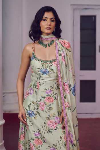 Irrau By Samir Mantri_Green , Silk, Chiffon Scoop Neck Gippi Floral Print Sharara Set _at_Aza_Fashions