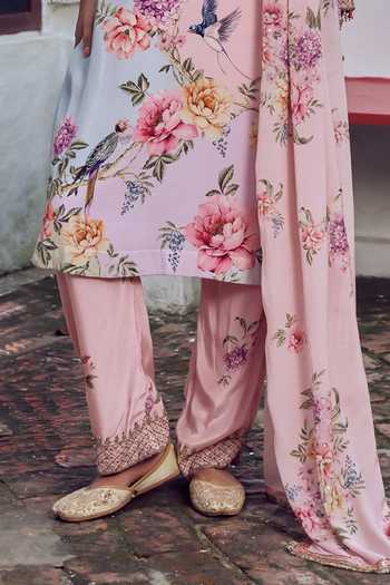 Irrau By Samir Mantri Pink Crepe, Chiffon V-neck Jhumi Floral Print Choga Kurta Set Online at Aza Fashions Irrau By Samir Mantri_Pink Crepe, Chiffon V-neck Jhumi Floral Print Choga Kurta Set _Online_at_Aza_Fashions
