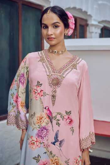 Buy Irrau By Samir Mantri Pink Crepe, Chiffon V-neck Jhumi Floral Print Choga Kurta Set Online at Aza Fashions Buy_Irrau By Samir Mantri_Pink Crepe, Chiffon V-neck Jhumi Floral Print Choga Kurta Set _Online_at_Aza_Fashions