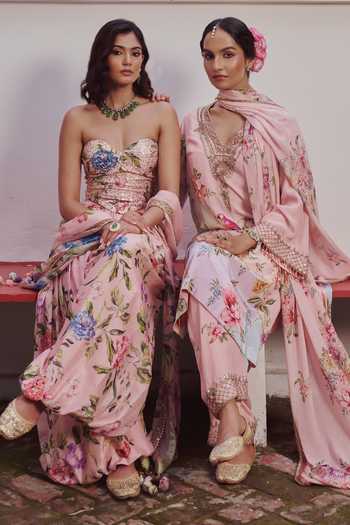 Shop Irrau By Samir Mantri Pink Crepe, Chiffon V-neck Jhumi Floral Print Choga Kurta Set Online at Aza Fashions Shop_Irrau By Samir Mantri_Pink Crepe, Chiffon V-neck Jhumi Floral Print Choga Kurta Set _Online_at_Aza_Fashions