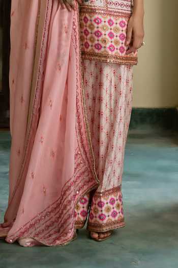 Irrau By Samir Mantri Multi Color Dupion, Organza V-neck Bindiya Blooming Floral Print Choga Kurta Set Online at Aza Fashions Irrau By Samir Mantri_Multi Color Dupion, Organza V-neck Bindiya Blooming Floral Print Choga Kurta Set _Online_at_Aza_Fashions