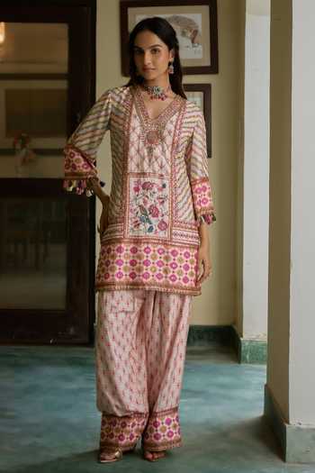 Buy Irrau By Samir Mantri Multi Color Dupion, Organza V-neck Bindiya Blooming Floral Print Choga Kurta Set Online at Aza Fashions Buy_Irrau By Samir Mantri_Multi Color Dupion, Organza V-neck Bindiya Blooming Floral Print Choga Kurta Set _Online_at_Aza_Fashions