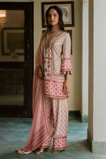Shop Irrau By Samir Mantri Multi Color Dupion, Organza V-neck Bindiya Blooming Floral Print Choga Kurta Set Online at Aza Fashions Shop_Irrau By Samir Mantri_Multi Color Dupion, Organza V-neck Bindiya Blooming Floral Print Choga Kurta Set _Online_at_Aza_Fashions