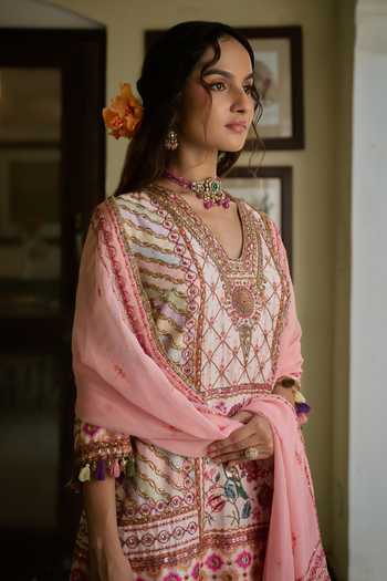 Irrau By Samir Mantri Multi Color Dupion, Organza V-neck Bindiya Blooming Floral Print Choga Kurta Set at Aza Fashions Irrau By Samir Mantri_Multi Color Dupion, Organza V-neck Bindiya Blooming Floral Print Choga Kurta Set _at_Aza_Fashions