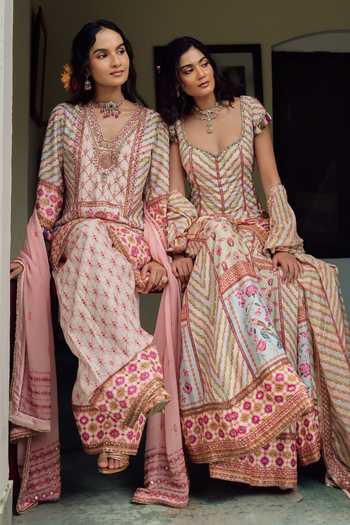 Buy Irrau By Samir Mantri Multi Color Dupion, Organza V-neck Bindiya Blooming Floral Print Choga Kurta Set Buy_Irrau By Samir Mantri_Multi Color Dupion, Organza V-neck Bindiya Blooming Floral Print Choga Kurta Set