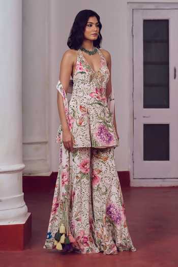 Irrau By Samir Mantri White Crepe Halter Neck Mimi Floral Print Peplum Kurta Sharara Set Online at Aza Fashions Irrau By Samir Mantri_White Crepe Halter Neck Mimi Floral Print Peplum Kurta Sharara Set _Online_at_Aza_Fashions
