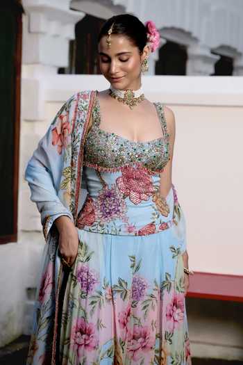 Buy Irrau By Samir Mantri Blue Organza Beads, Sequins, Stones Tinki Embroidered Corset And Sharara Set Buy_Irrau By Samir Mantri_Blue Organza Beads, Sequins, Stones Tinki Embroidered Corset And Sharara Set