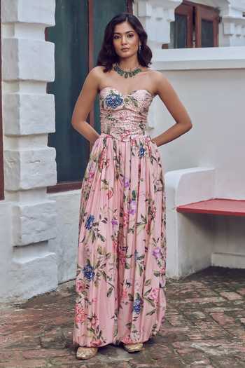 Buy Irrau By Samir Mantri Pink Sweetheart Neck Piku Embroidered Top And Printed Balloon Pant Set Online at Aza Fashions Buy_Irrau By Samir Mantri_Pink Sweetheart Neck Piku Embroidered Top And Printed Balloon Pant Set _Online_at_Aza_Fashions