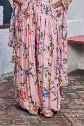 Shop Irrau By Samir Mantri Pink Sweetheart Neck Piku Embroidered Top And Printed Balloon Pant Set Online at Aza Fashions Shop_Irrau By Samir Mantri_Pink Sweetheart Neck Piku Embroidered Top And Printed Balloon Pant Set _Online_at_Aza_Fashions