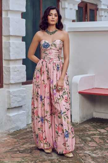 Irrau By Samir Mantri Pink Sweetheart Neck Piku Embroidered Top And Printed Balloon Pant Set at Aza Fashions Irrau By Samir Mantri_Pink Sweetheart Neck Piku Embroidered Top And Printed Balloon Pant Set _at_Aza_Fashions