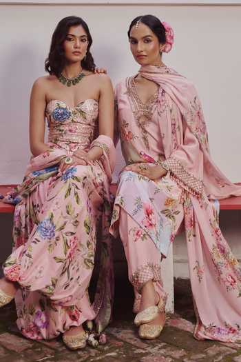 Buy Irrau By Samir Mantri Pink Sweetheart Neck Piku Embroidered Top And Printed Balloon Pant Set Buy_Irrau By Samir Mantri_Pink Sweetheart Neck Piku Embroidered Top And Printed Balloon Pant Set