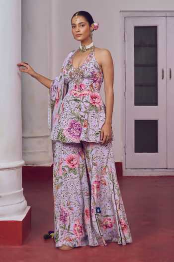 Irrau By Samir Mantri_Purple Crepe Halter Neck Riri Printed Peplum Kurta Sharara Set _Online_at_Aza_Fashions