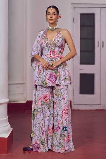 Buy_Irrau By Samir Mantri_Purple Crepe Halter Neck Riri Printed Peplum Kurta Sharara Set _Online_at_Aza_Fashions