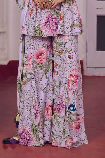Shop_Irrau By Samir Mantri_Purple Crepe Halter Neck Riri Printed Peplum Kurta Sharara Set _Online_at_Aza_Fashions