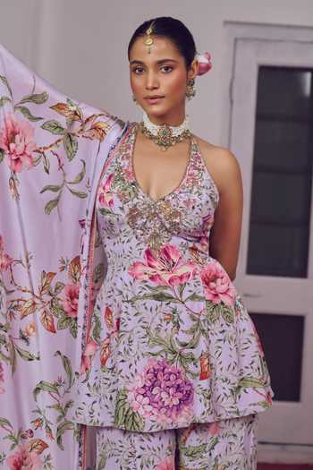 Irrau By Samir Mantri_Purple Crepe Halter Neck Riri Printed Peplum Kurta Sharara Set _at_Aza_Fashions