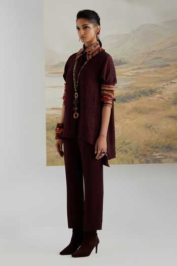 Buy_Aseem Kapoor_Purple Crepe, Twill Collared Neck Atri Straight Shirt And Printed Trouser Set _Online_at_Aza_Fashions