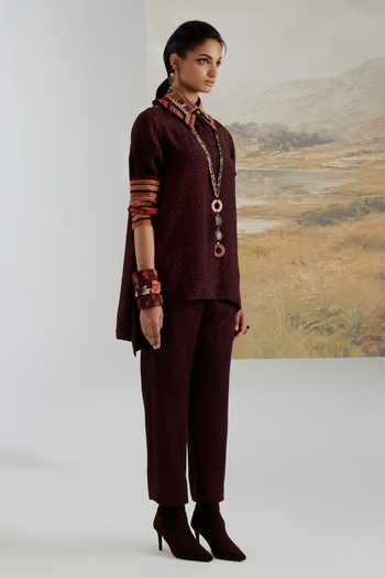 Shop_Aseem Kapoor_Purple Crepe, Twill Collared Neck Atri Straight Shirt And Printed Trouser Set _Online_at_Aza_Fashions