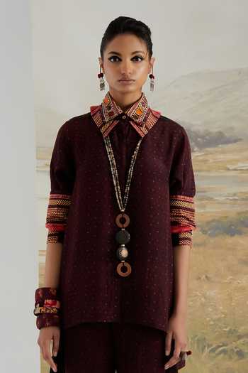 Aseem Kapoor_Purple Crepe, Twill Collared Neck Atri Straight Shirt And Printed Trouser Set _at_Aza_Fashions