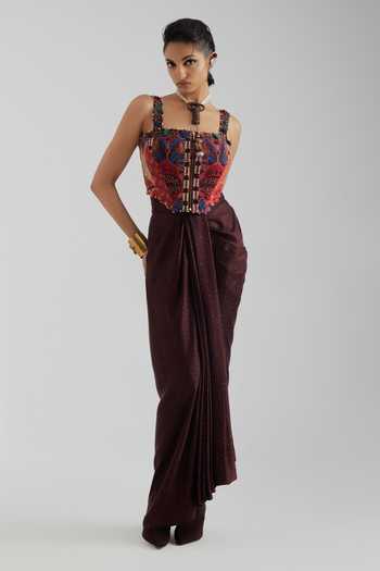 Aseem Kapoor_Multi Color Satin, Lycra, Twill Square Neck Oviya Sculpted Embroidered Blouse _Online_at_Aza_Fashions