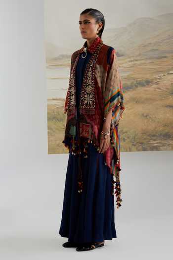 Aseem Kapoor Multi Color Silk Open Neck Veni Printed Dupatta Jacket Online at Aza Fashions Aseem Kapoor_Multi Color Silk Open Neck Veni Printed Dupatta Jacket _Online_at_Aza_Fashions