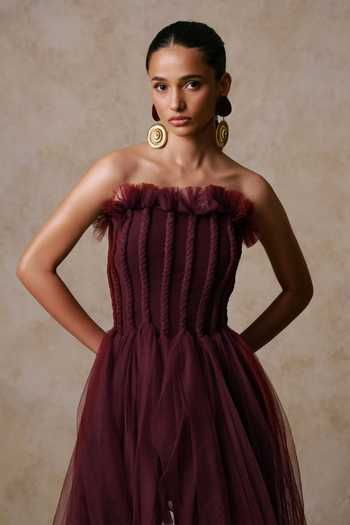 Nirmooha_Wine Net Ruffles Bandeau Neck Reverie Braided Corset And Bell Bottom Pant Set _Online_at_Aza_Fashions