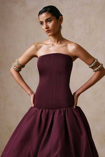 Nirmooha_Wine Taffeta Bandeau Neck Solstice Corset High-low Bubble Trail Gown _Online_at_Aza_Fashions