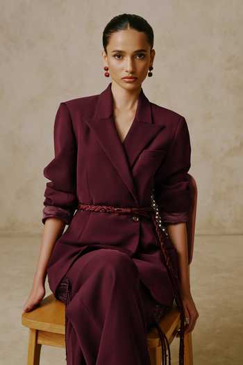 Nirmooha_Wine Cincture Blazer With Wide-leg Trouser _Online_at_Aza_Fashions