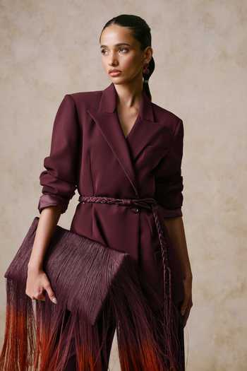 Buy_Nirmooha_Wine Cincture Blazer With Wide-leg Trouser _Online_at_Aza_Fashions
