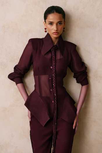 Nirmooha_Burgundy Organza Collared Neck Paradox Shirt With Wide-legged Trouser _Online_at_Aza_Fashions