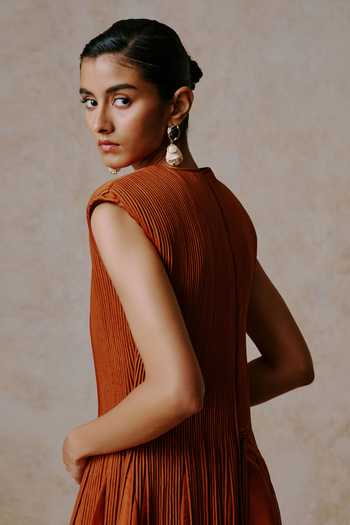 Nirmooha Orange Taffeta Tassels Round Neck Filament Cascading Corded Gown Online at Aza Fashions Nirmooha_Orange Taffeta Tassels Round Neck Filament Cascading Corded Gown _Online_at_Aza_Fashions