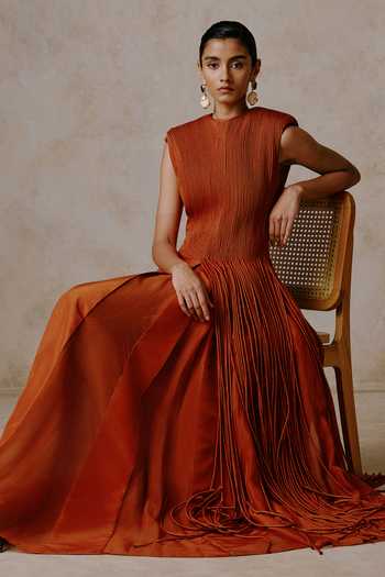 Buy Nirmooha Orange Taffeta Tassels Round Neck Filament Cascading Corded Gown Online at Aza Fashions Buy_Nirmooha_Orange Taffeta Tassels Round Neck Filament Cascading Corded Gown _Online_at_Aza_Fashions