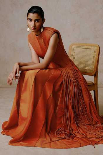 Shop Nirmooha Orange Taffeta Tassels Round Neck Filament Cascading Corded Gown Online at Aza Fashions Shop_Nirmooha_Orange Taffeta Tassels Round Neck Filament Cascading Corded Gown _Online_at_Aza_Fashions
