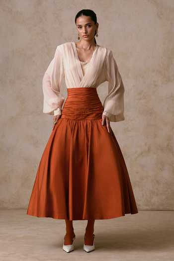 Nirmooha Counterpoise Draped Blouse & Midi Skirt Set 