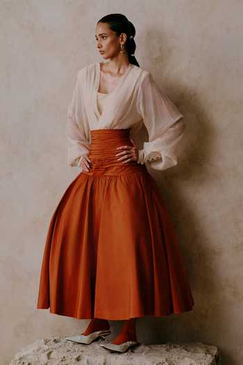 Buy Nirmooha Ivory Organza, Taffeta Open Neck Counterpoise Draped Blouse And Midi Skirt Set Online at Aza Fashions Buy_Nirmooha_Ivory Organza, Taffeta Open Neck Counterpoise Draped Blouse And Midi Skirt Set _Online_at_Aza_Fashions