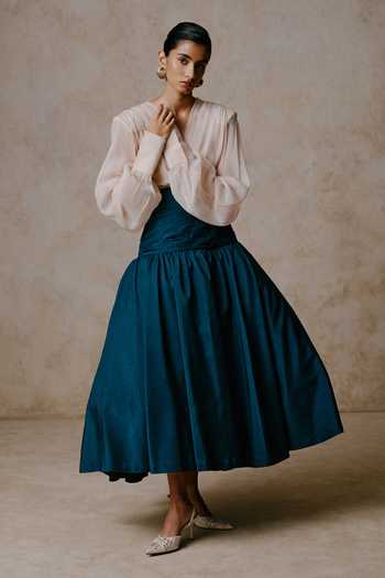 Nirmooha Ivory Organza V-neck Equipoise Draped Blouse And Midi Skirt Set Online at Aza Fashions Nirmooha_Ivory Organza V-neck Equipoise Draped Blouse And Midi Skirt Set _Online_at_Aza_Fashions