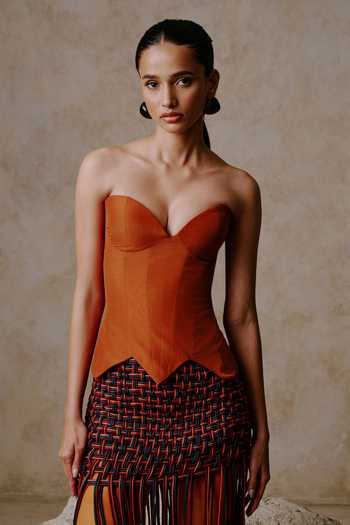 Nirmooha Orange Taffeta, Satin Sweetheart Neck Afterglow Corset With Corded Skirt Online at Aza Fashions Nirmooha_Orange Taffeta, Satin Sweetheart Neck Afterglow Corset With Corded Skirt _Online_at_Aza_Fashions