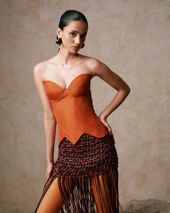 Shop Nirmooha Orange Taffeta, Satin Sweetheart Neck Afterglow Corset With Corded Skirt Online at Aza Fashions Shop_Nirmooha_Orange Taffeta, Satin Sweetheart Neck Afterglow Corset With Corded Skirt _Online_at_Aza_Fashions