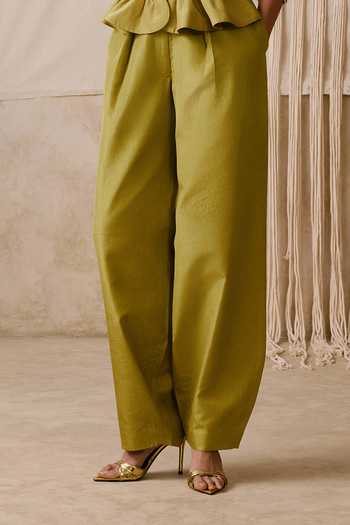 Nirmooha Olive Green Taffeta V-neck Interplay Peplum Vest With Barrel Trouser Online at Aza Fashions Nirmooha_Olive Green Taffeta V-neck Interplay Peplum Vest With Barrel Trouser _Online_at_Aza_Fashions