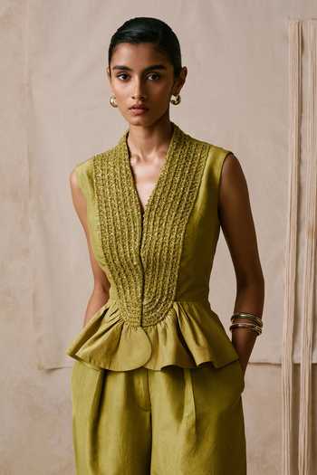 Buy Nirmooha Olive Green Taffeta V-neck Interplay Peplum Vest With Barrel Trouser Online at Aza Fashions Buy_Nirmooha_Olive Green Taffeta V-neck Interplay Peplum Vest With Barrel Trouser _Online_at_Aza_Fashions