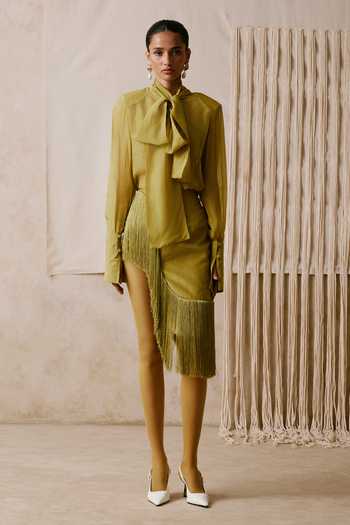 Buy_Nirmooha_Olive Green Organza, Taffeta High Confluence Bow-tie Shirt And Fringe Skirt Set _Online_at_Aza_Fashions