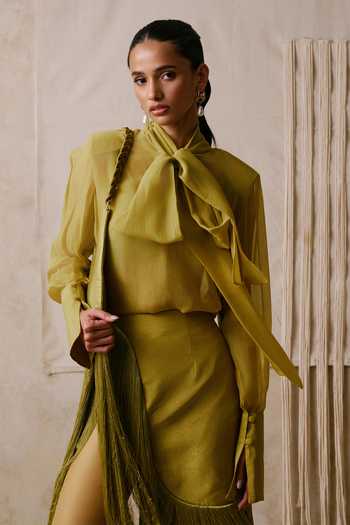 Shop_Nirmooha_Olive Green Organza, Taffeta High Confluence Bow-tie Shirt And Fringe Skirt Set _Online_at_Aza_Fashions