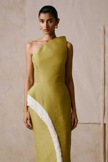 Nirmooha_Olive Green Taffeta One Shoulder Rhythm Asymmetric Corset And Fringe Skirt Set _Online_at_Aza_Fashions