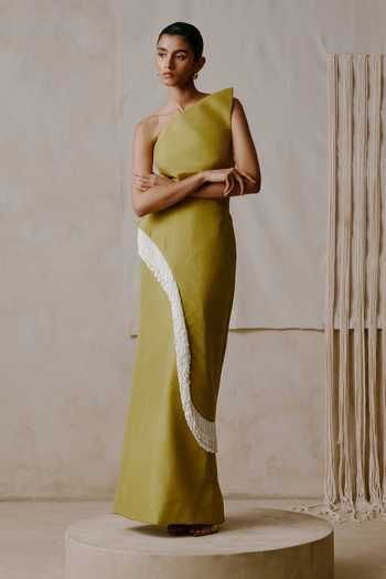 Buy_Nirmooha_Olive Green Taffeta One Shoulder Rhythm Asymmetric Corset And Fringe Skirt Set _Online_at_Aza_Fashions